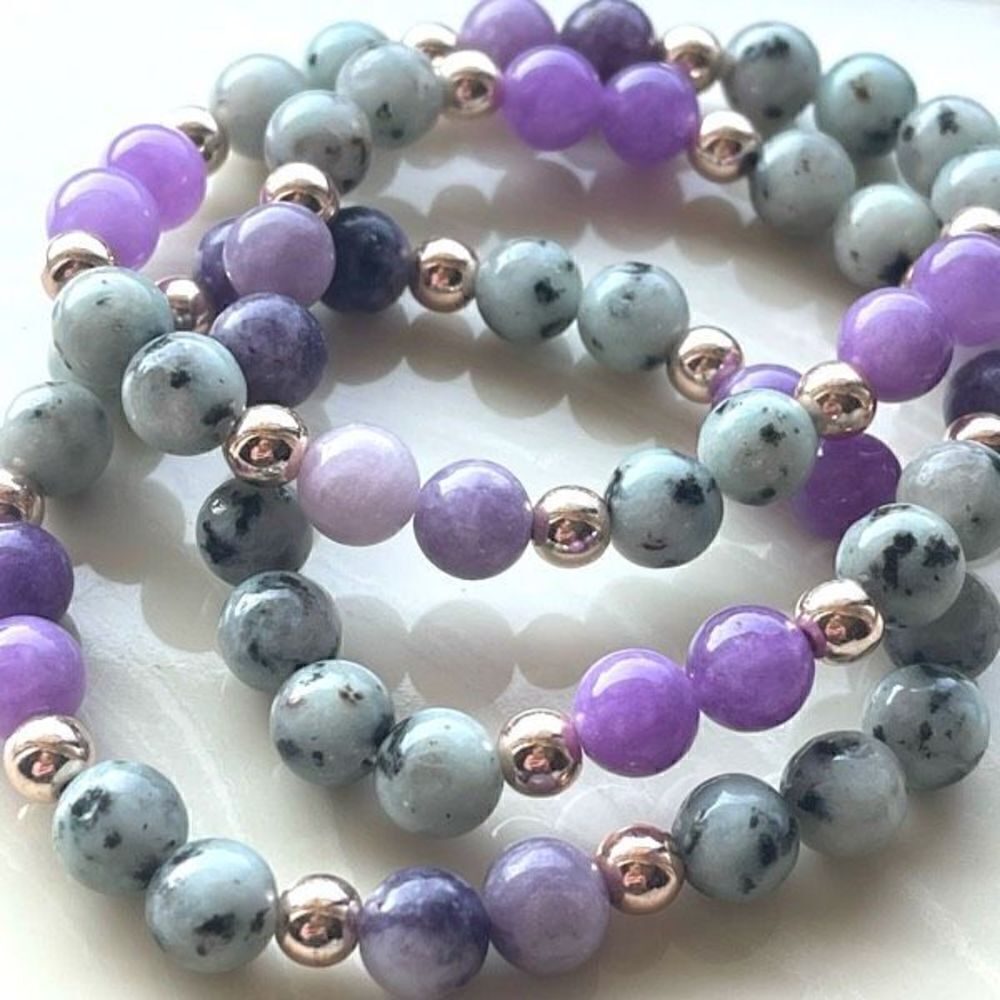 Lepidolite kiwi jasper rose gold tone ONE NEW stretch bracelet crystal stone med